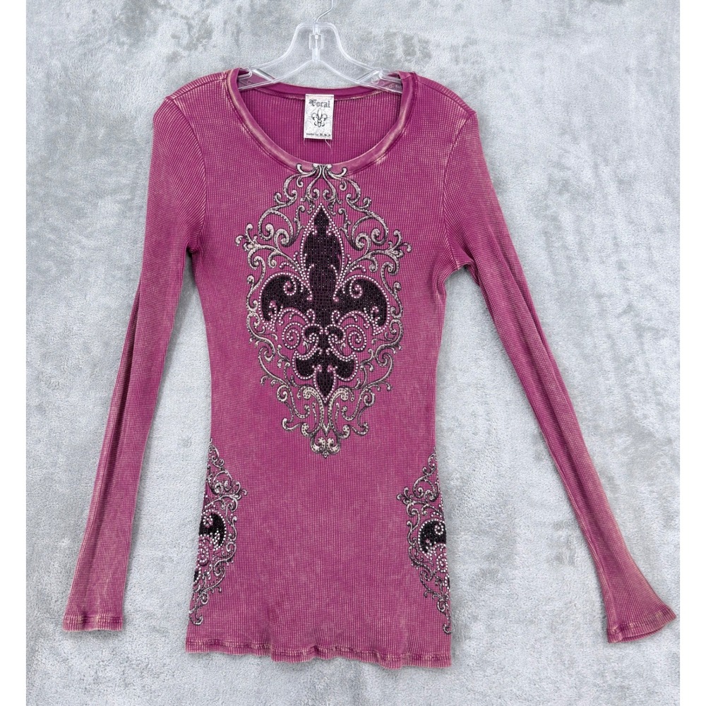 Vocal Top Womens Size Pink 90s Fleur De Lis Rhinestone Thermal Waffle Knit Y2K